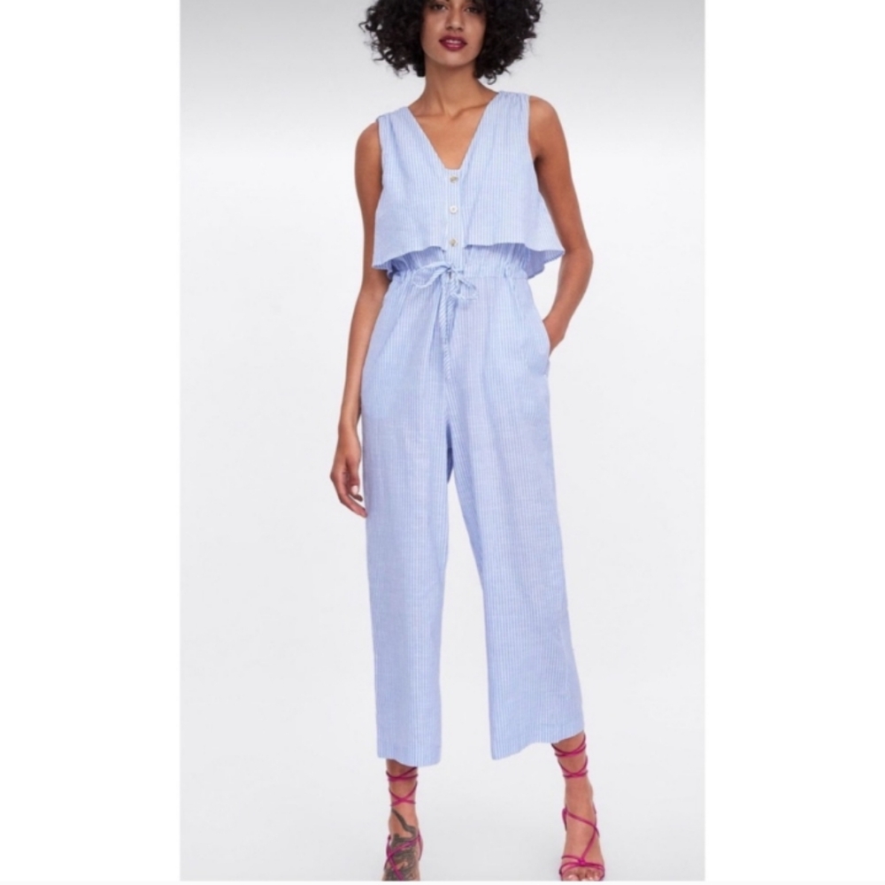 Zara Striped Jumpsuit With Buttons in Blue and White Size S